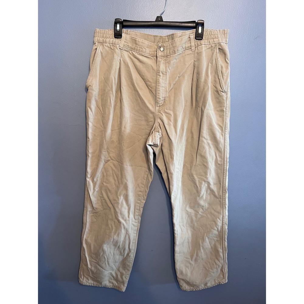 Men's Vintage LL Bean Pathfinder Khaki Flannel Lined Pants W38 L30 Work Elastic